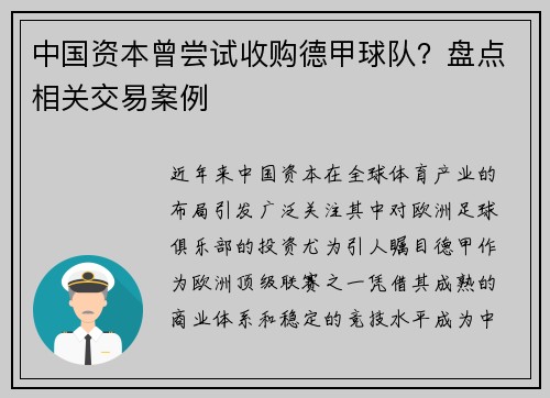 中国资本曾尝试收购德甲球队？盘点相关交易案例
